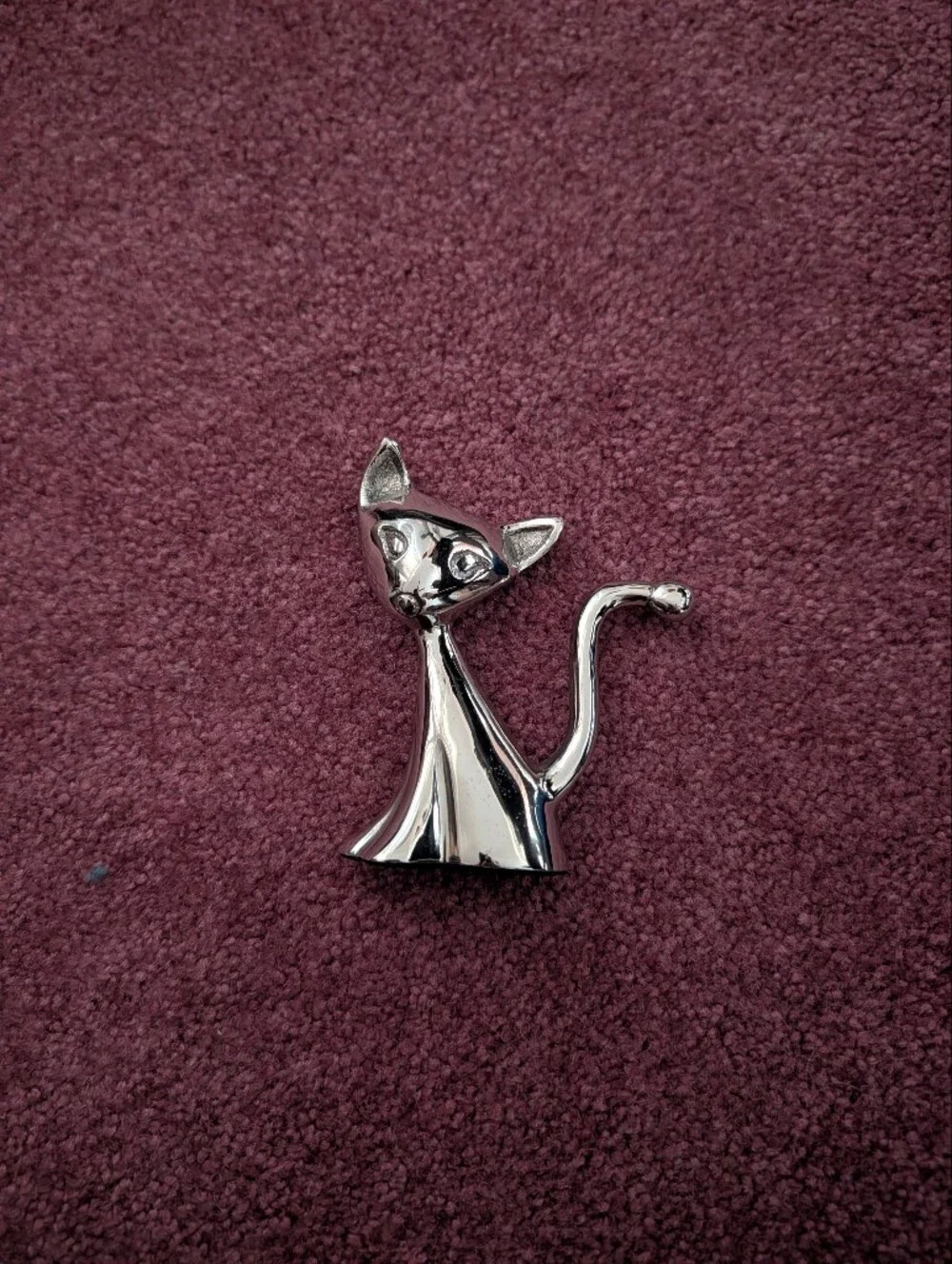 Vintage Silver Chrome Metal Cat Ring Holder Figurine Kitsch Stacking Kitten Vtg